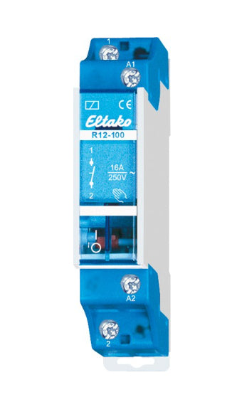Eltako Relais mit Sockel – 230 V, 16 A, 1× Schliesser, DIN-Schienen-Montage – Blau – R12-100