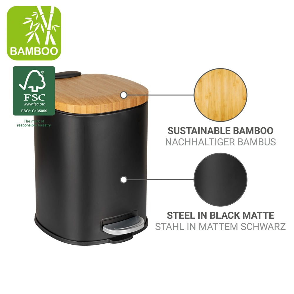 WENKO Tisch-Abfallbehälter Fianema – 3 l – mit Deckel – Stahl, schwarz – B × H × T 170 × 235 × 210 mm