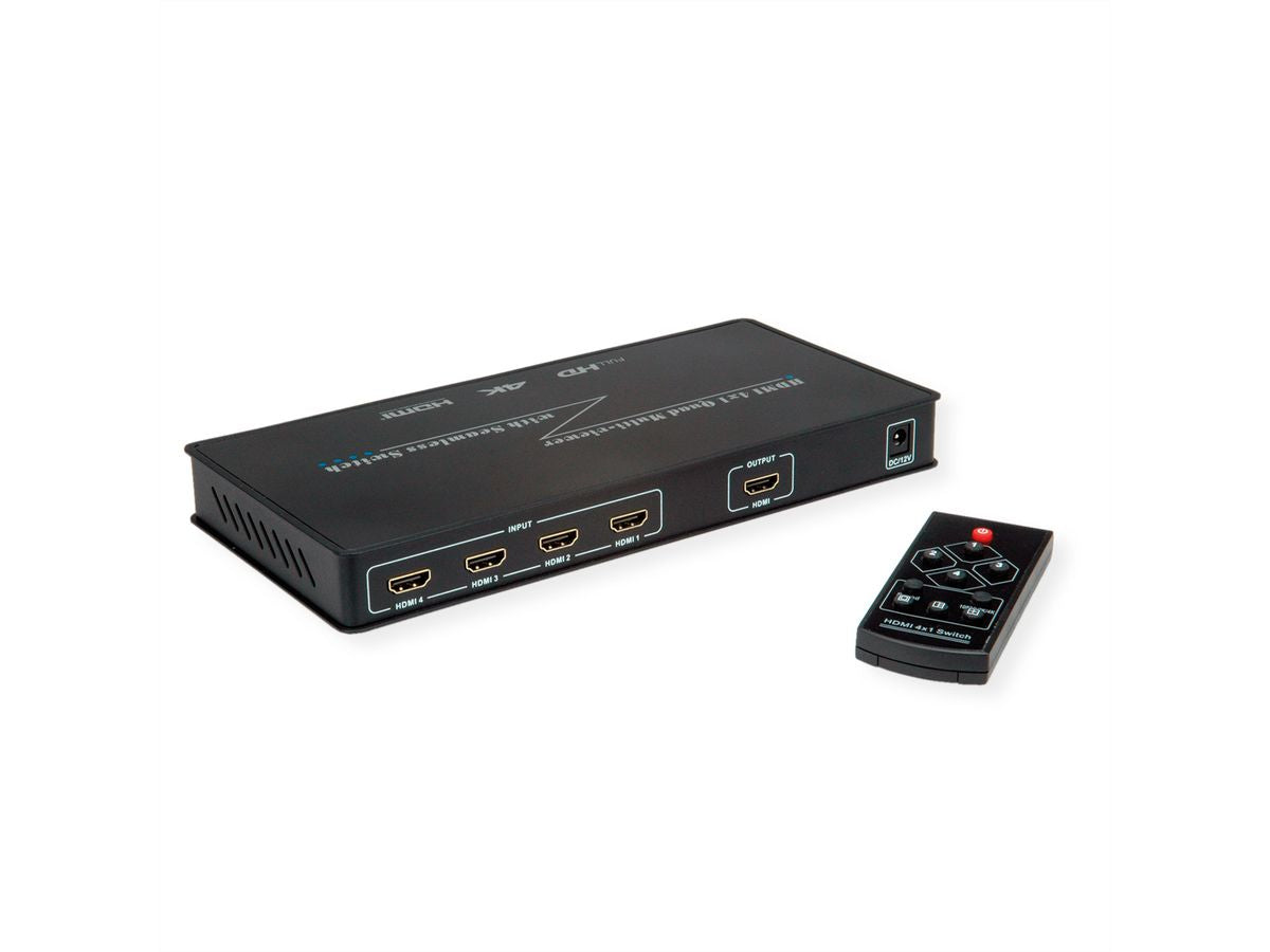 ROLINE Quad Multi-Viewer Switch, 4× HDMI In/1× HDMI Out, 4K@30 Hz, Fernbedienung, Netzteil, Schwarz