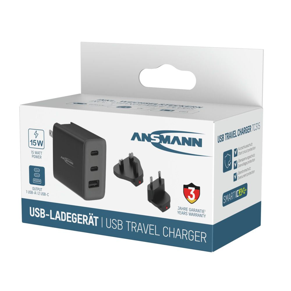 Ansmann TC315 USB-Ladegerät 15 W – USB-C×2, USB-A×1 – Wechselstecker US/UK/EU – Schwarz