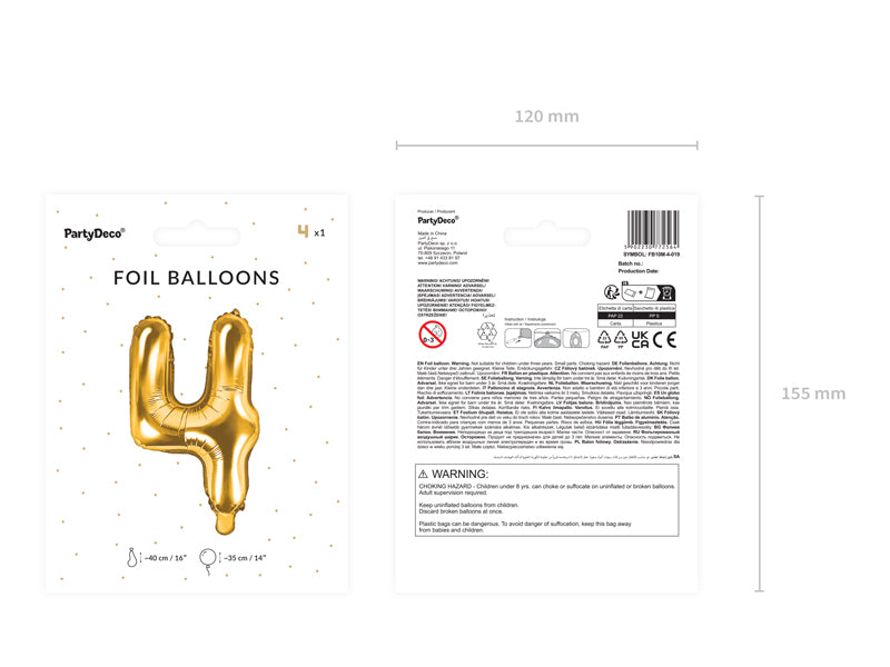 PartyDeco Folienballon Zahl 4 – Gold – 35 cm – Folie – 1 Stk