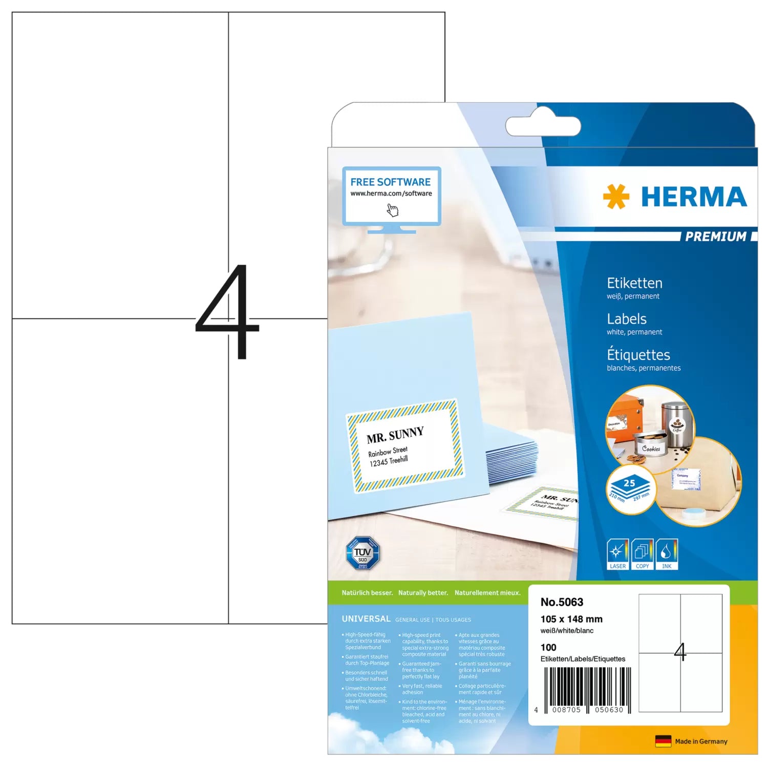 HERMA Blattetiketten, 105 mm × 148 mm, weiss, Papier, permanent, 25 Blätter (100 Etiketten)