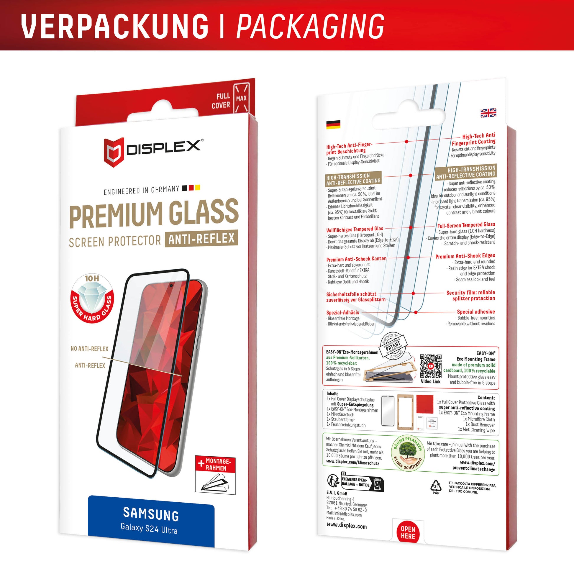 Displex Displayschutz (Panzerglas), Full Cover – für Galaxy S24 Ultra – mit Applikator