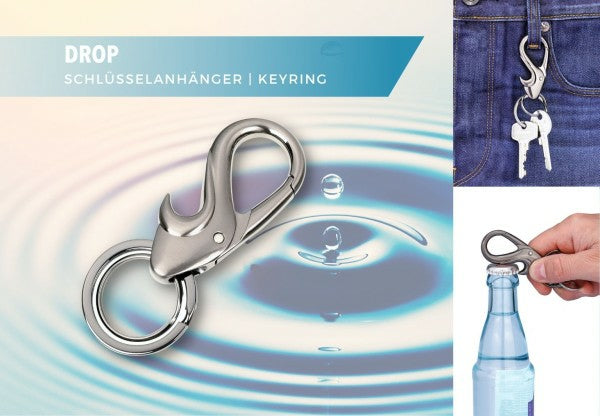TROIKA Multitool-Schlüsselanhänger Drop – Flaschenöffner, mit Karabiner, Metall/Chrom, Grau