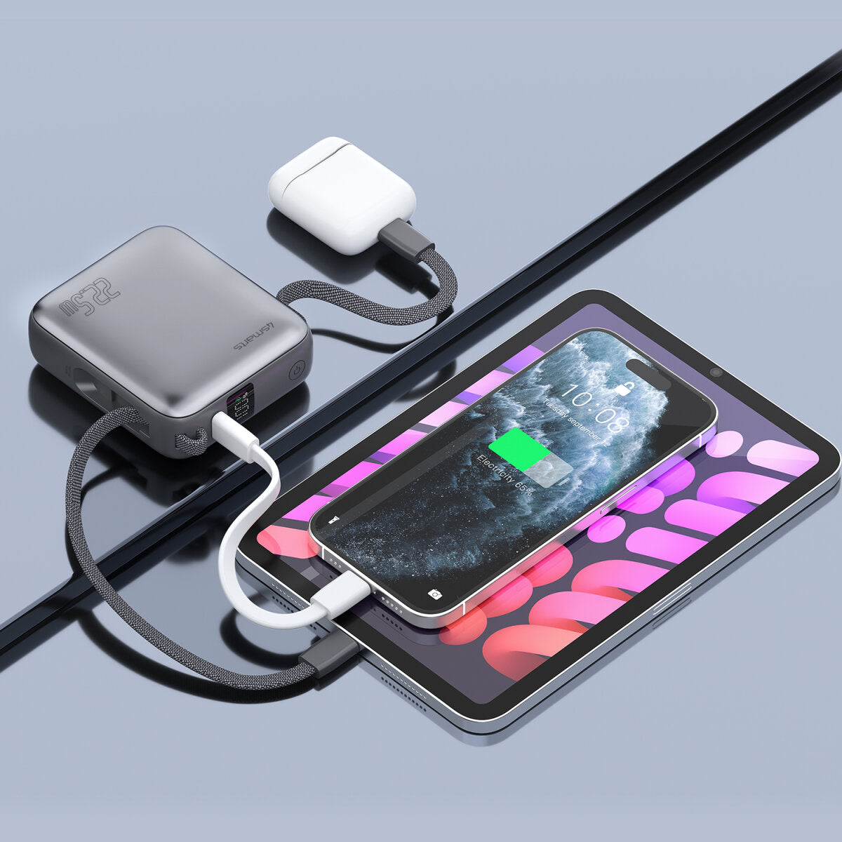 4smarts Powerbank 10000 mAh, PD 22,5 W, mit integriertem Ladekabel, für Smartphones, grau