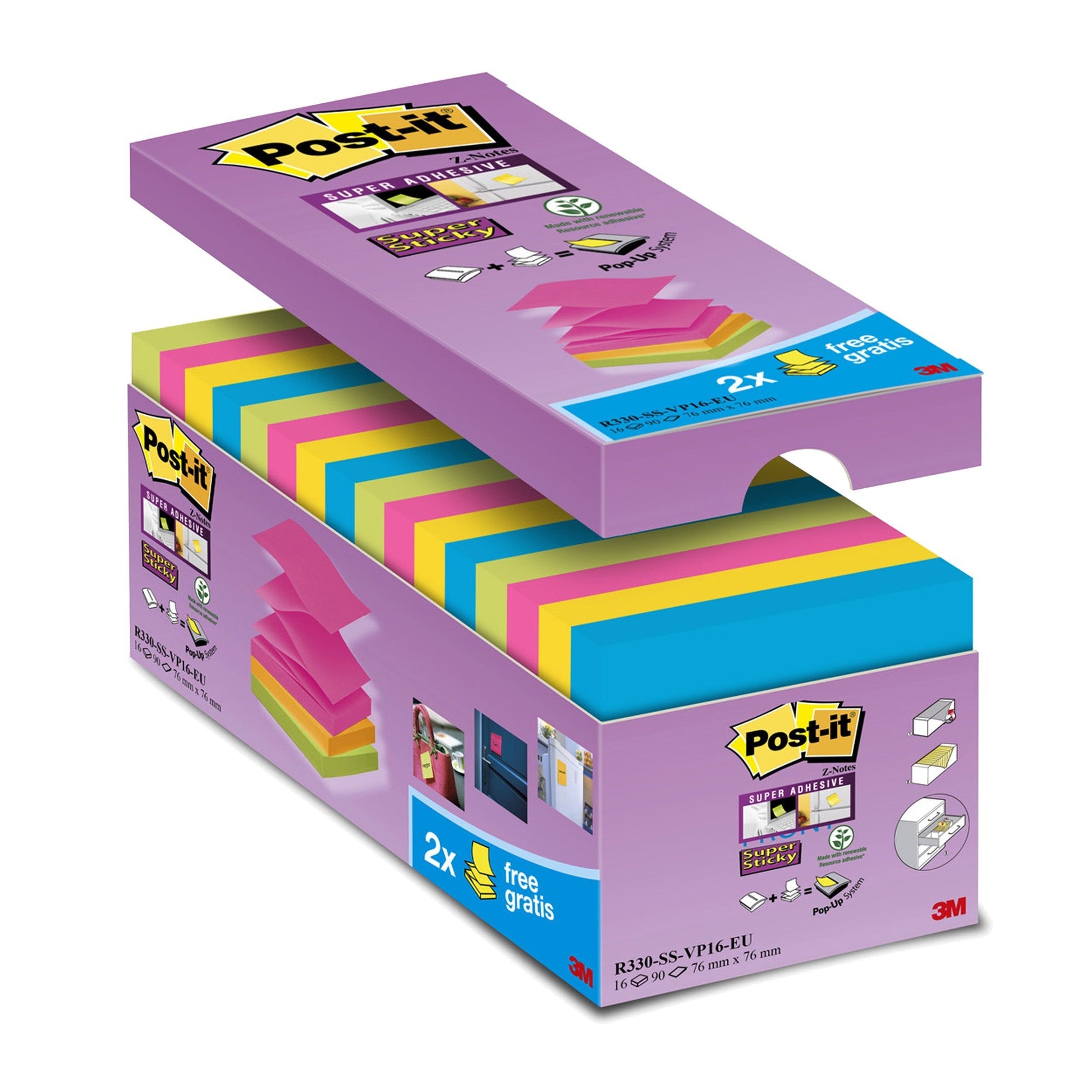 Post-it Super Sticky Z-Notes Haftnotizen – 76 × 76 mm – sortiert, Z-Faltung, 90 Blatt/Block, 16er-Pack, PEFC
