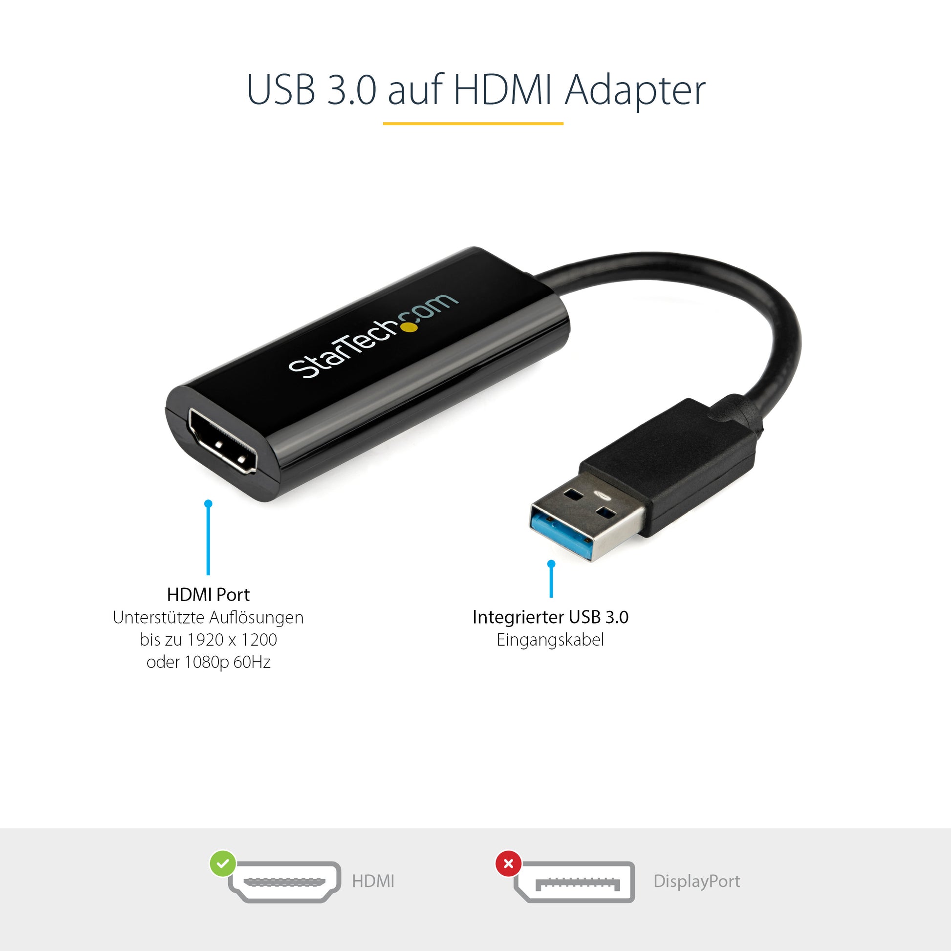 StarTech.com Adapter USB-A zu HDMI – 1920 × 1200, USB 3.2 Gen 1 (5 Gbit/s), 0,062 m Kabel, für Windows