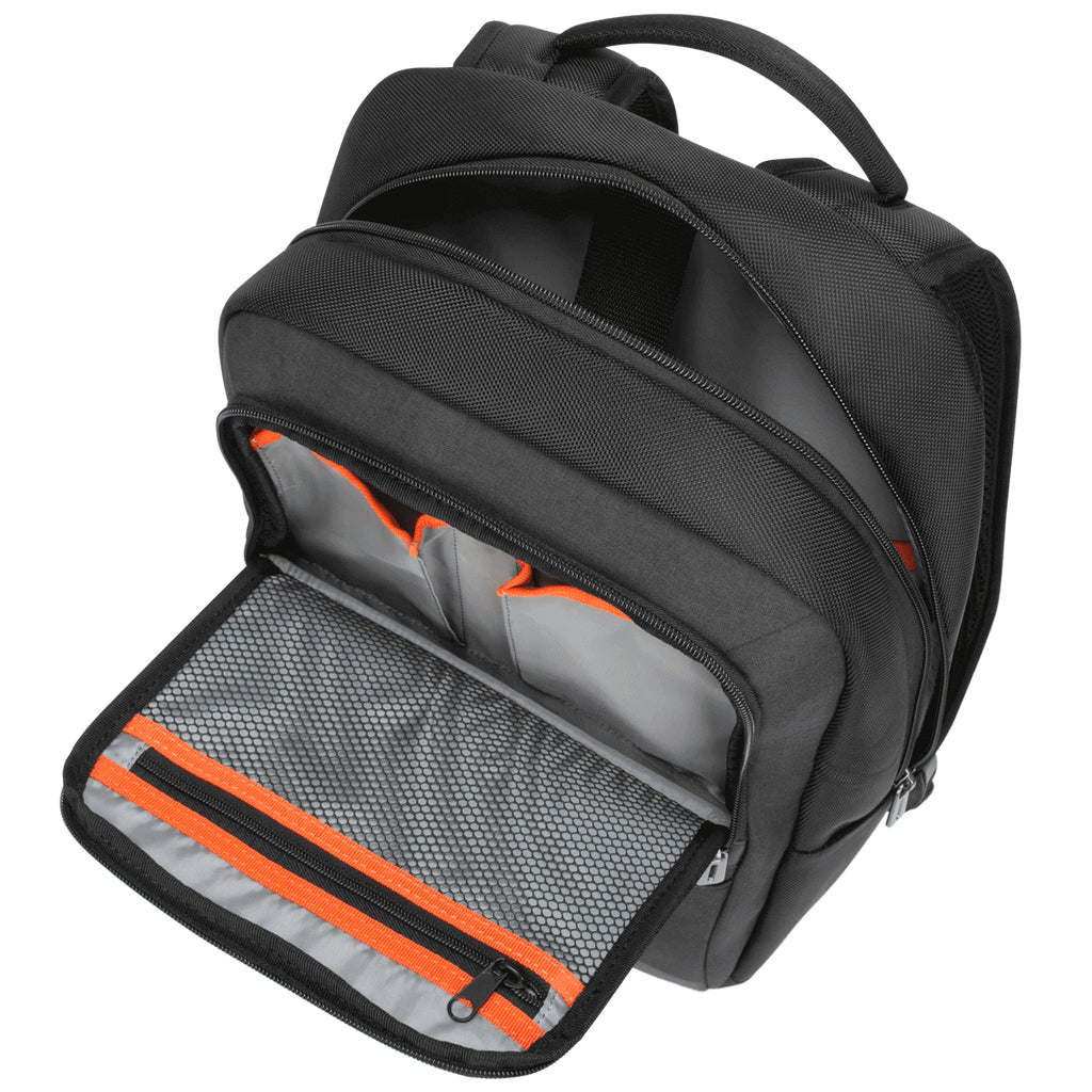 Targus Notebook-Rucksack bis 16" – Trolley-Haltegurt, Wasserflaschenhalterung – Schwarz/Grau