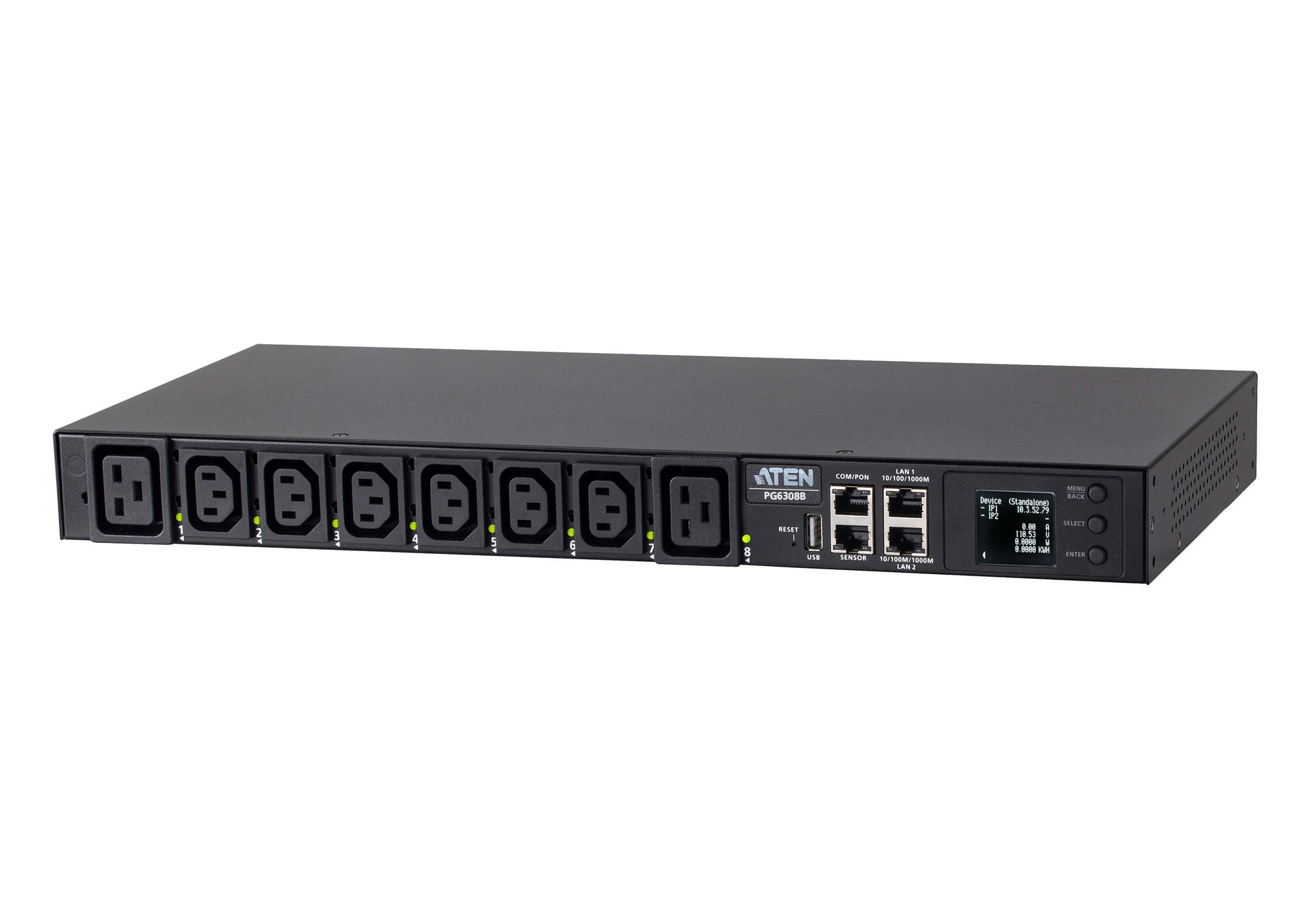 ATEN PG6308G – Intelligente PDU – 19" Rack, 1U, 8×AC (6×C13, 2×C19), LCD, 2×RJ45, Schwarz