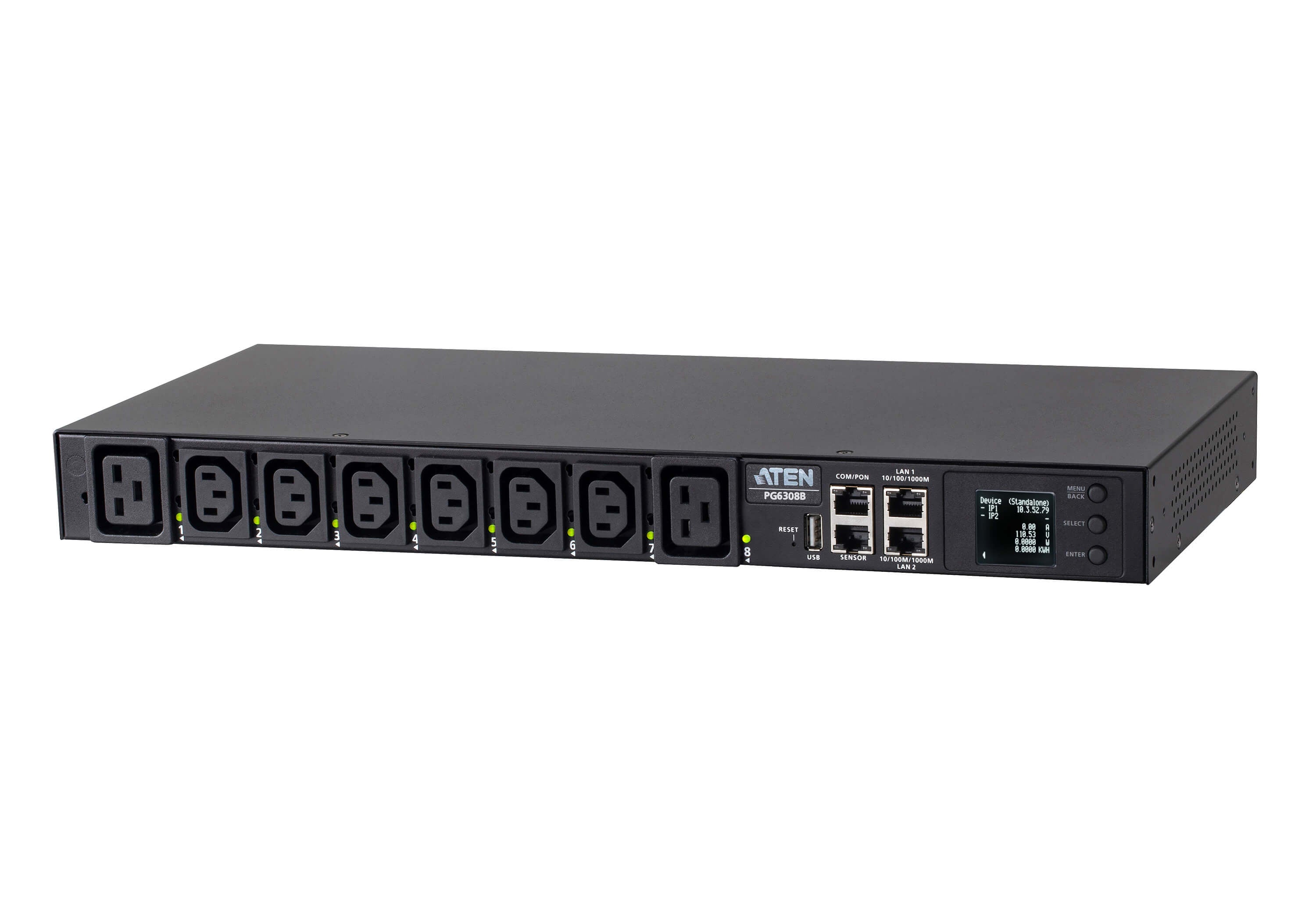 ATEN PG6308G – Intelligente PDU – 19" Rack, 1U, 8×AC (6×C13, 2×C19), LCD, 2×RJ45, Schwarz