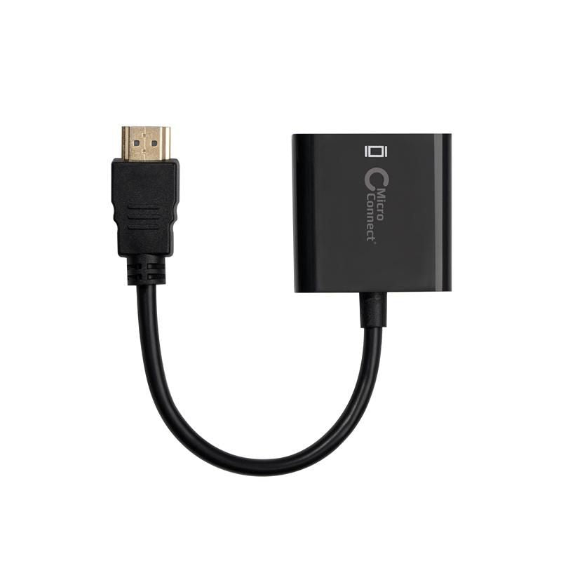 Microconnect HDMI-zu-VGA-Adapter – 1920 × 1200, HDMI 1.1, 0,15 m, aktiv, Micro-USB-Strom, Audio, schwarz