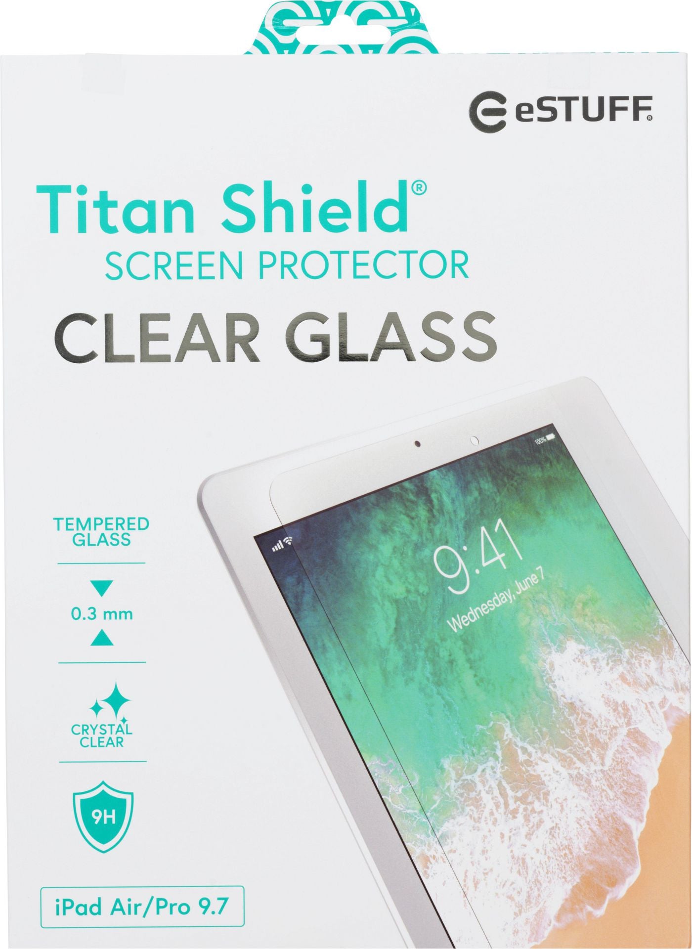 eSTUFF Panzerglas für Apple iPad Air (1.–2. Gen.), iPad Pro 9,7", iPad (5.–6. Gen.) – 9H, Anti-Fingerprint