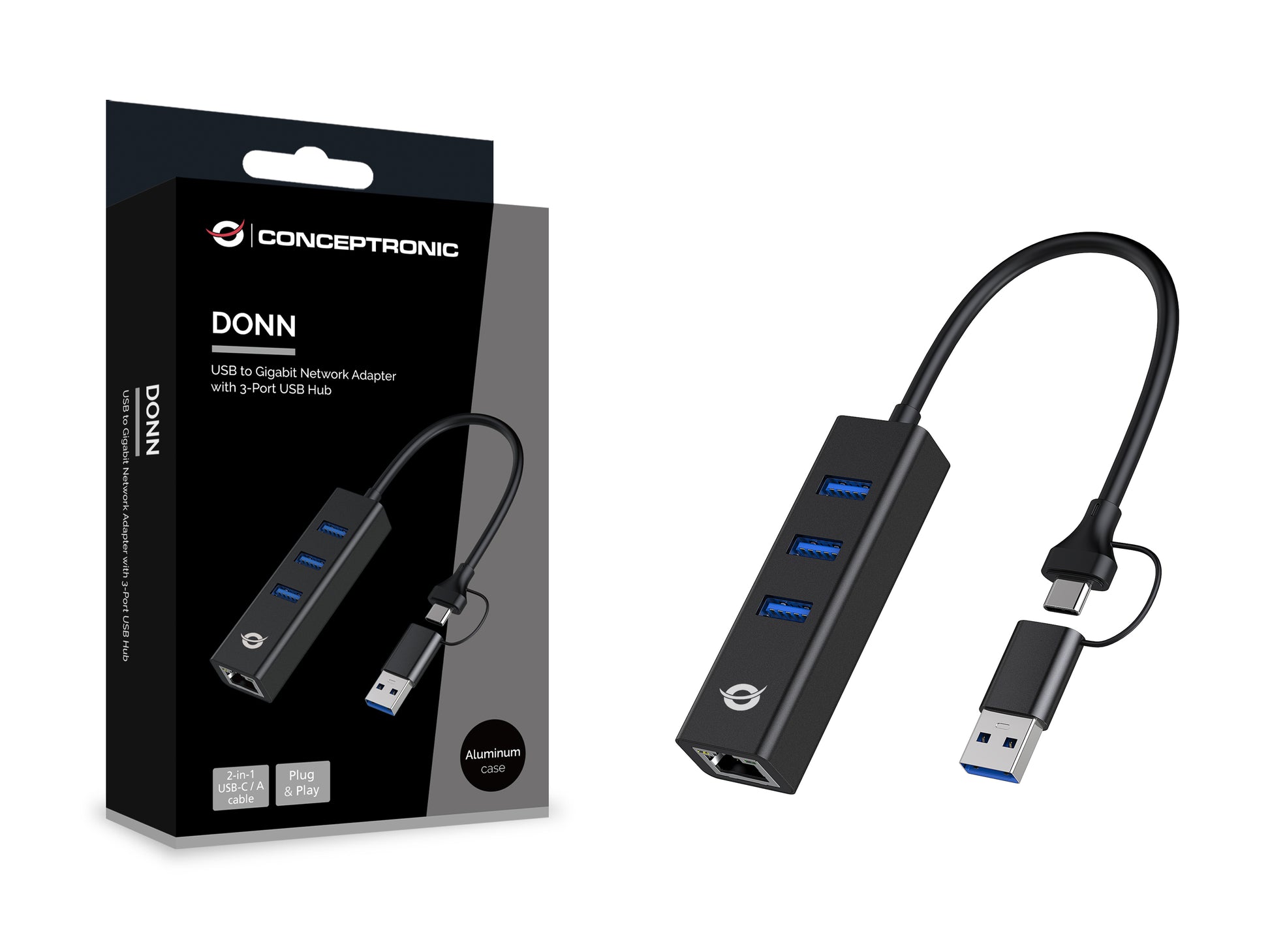Conceptronic DONN07BA Multiport-Adapter – USB-A/USB-C, 3× USB-A, GbE, für Windows/Mac/Android