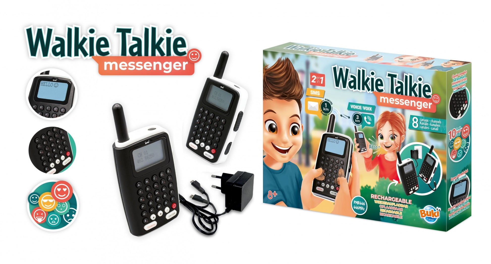 Buki Walkie-Talkie Messenger – wiederaufladbar, inkl. Akkus – 2 Stück – ab 7 Jahren – schwarz/weiss
