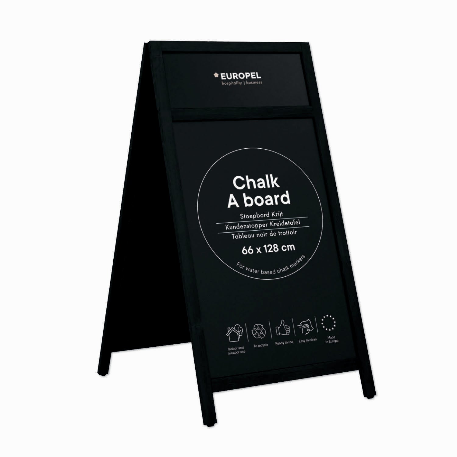 Europel Kundenstopper – 660 × 1'280 mm – Melamin, Kiefernholzrahmen, schwarz – doppelseitig für Kreidemarker