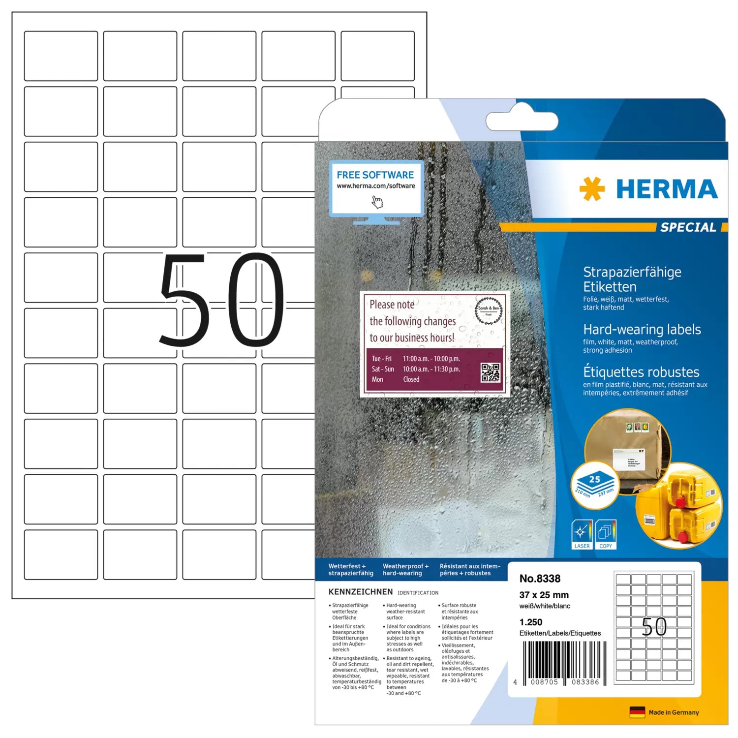 HERMA Blattetiketten (A4), 37 mm × 25 mm, weiss, Folie, extra stark, 25 Blatt (1250 Etiketten)