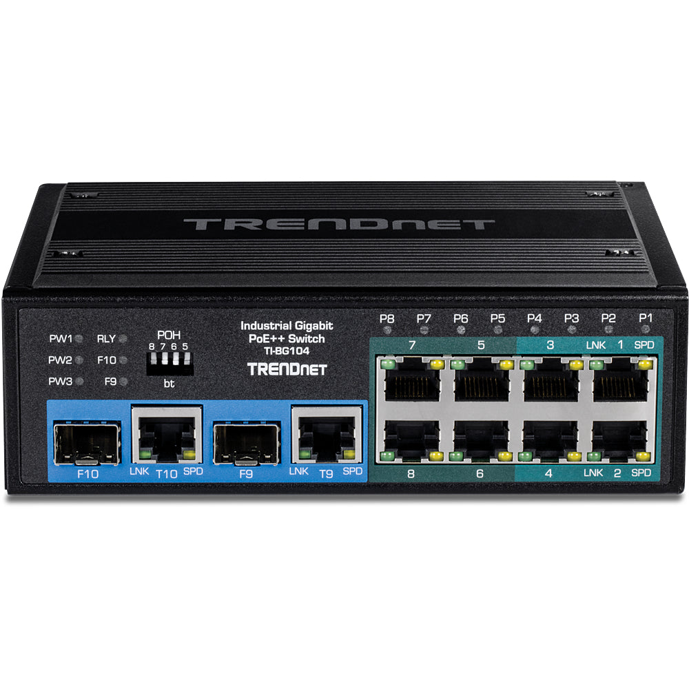 TRENDnet TI-BG104 – Unmanaged Switch – 8× 1G, 2× Combo (SFP/RJ-45), PoE++, PoE-Budget 360 W, DIN-Rail