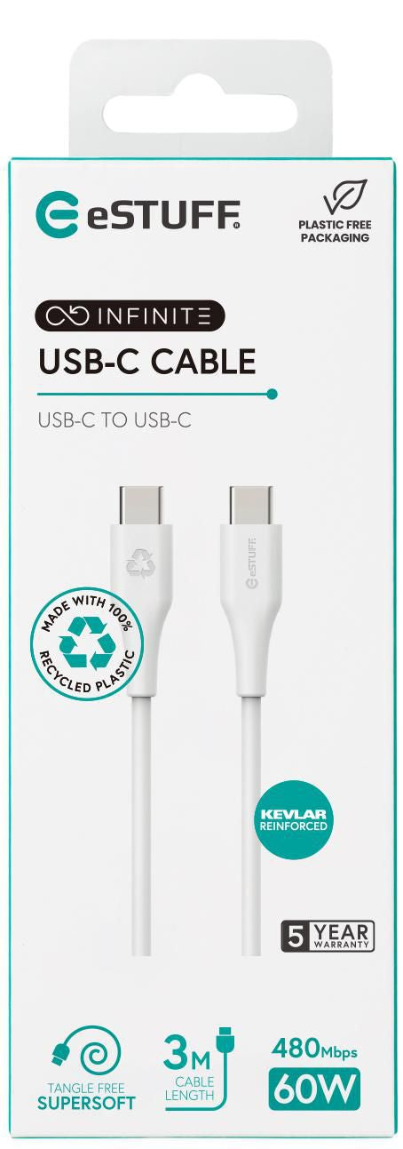 eSTUFF USB-C auf USB-C Kabel – USB 2.0 (480 Mbit/s) – 3 m – PD 60 W – Weiss
