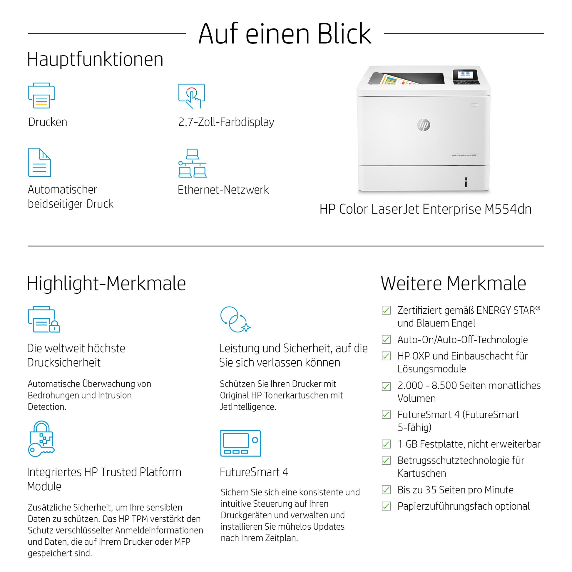 HP Color LaserJet Enterprise M554dn – A4, Farbe, Duplex, 33 S./Min., 1200 × 1200 dpi, LAN/USB