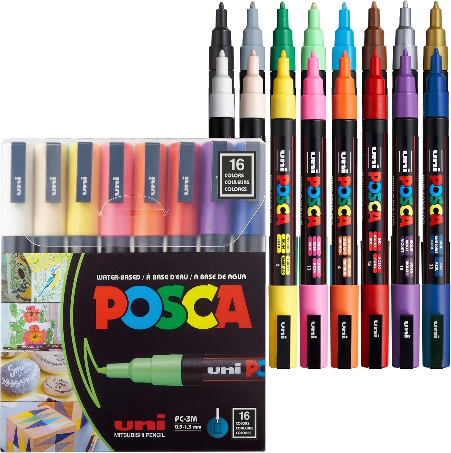 Uni-Ball POSCA PC-3M Acrylmarker – Rundspitze 0,9–1,3 mm – Mehrfarbig – 16er-Set