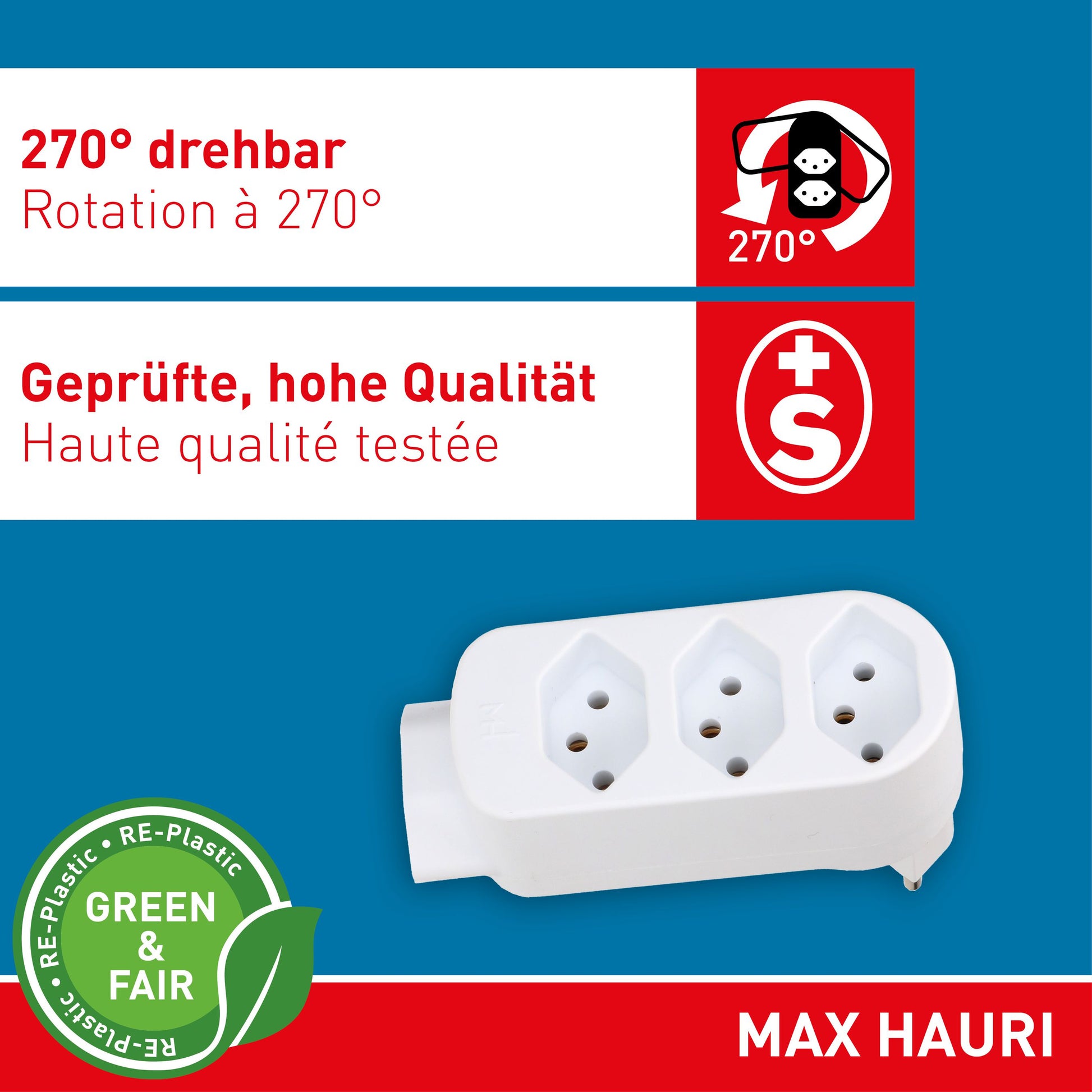 Max Hauri AG Max Hauri Basic Line Steckdosenleiste, 4×T13, ohne Schalter, 1,5 m, Eingang T12, IP20 – weiss