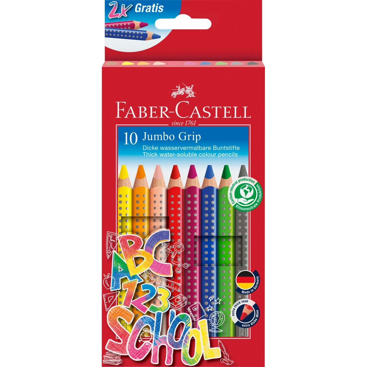 Faber-Castell Aquarellfarbstifte Jumbo Grip – 10 Farben, im Kartonetui, Ø 5,3 mm, dreikantig, FSC