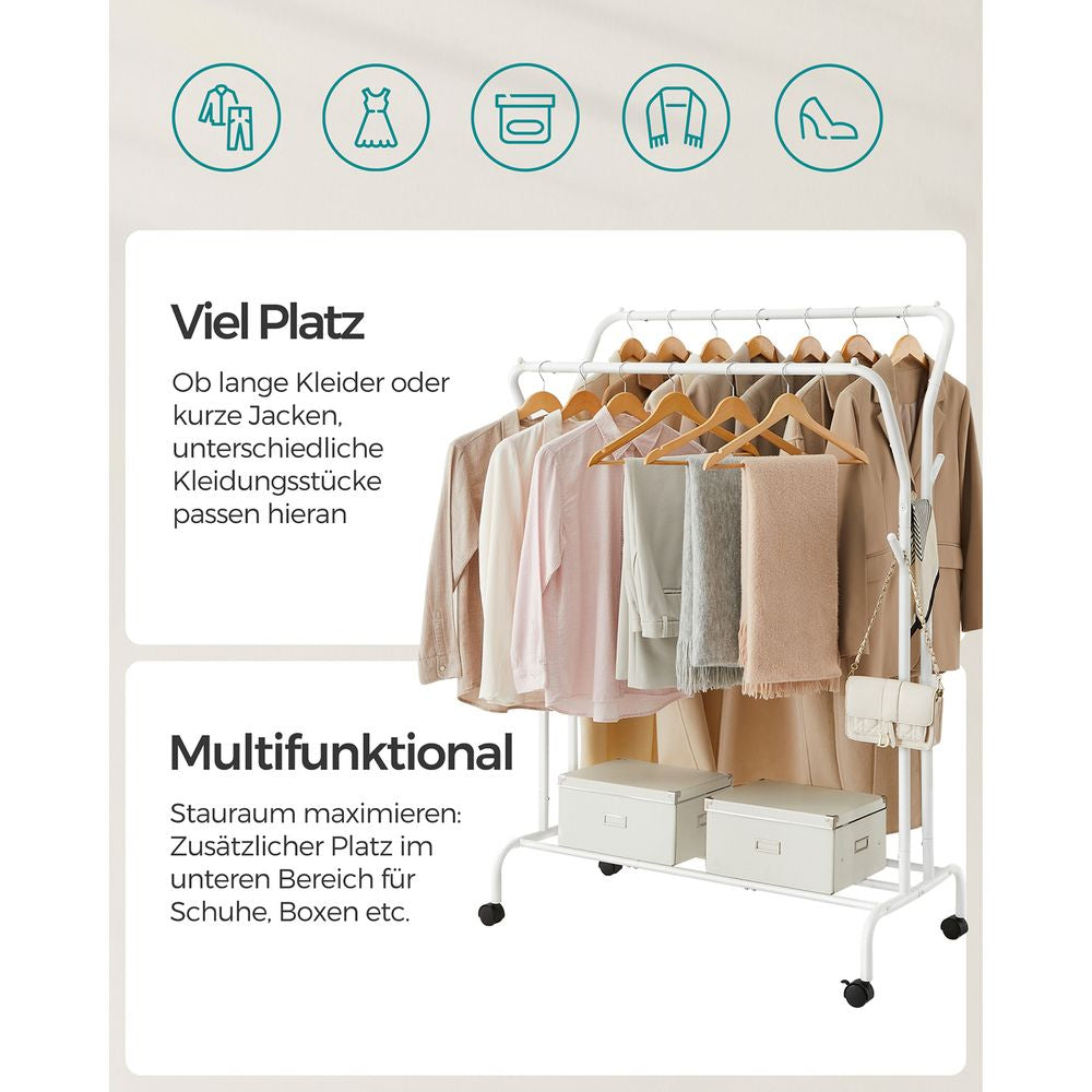 Songmics Garderobenständer – mit Rollen, Stahl, Weiss, 103,5 × 53 × 155 cm