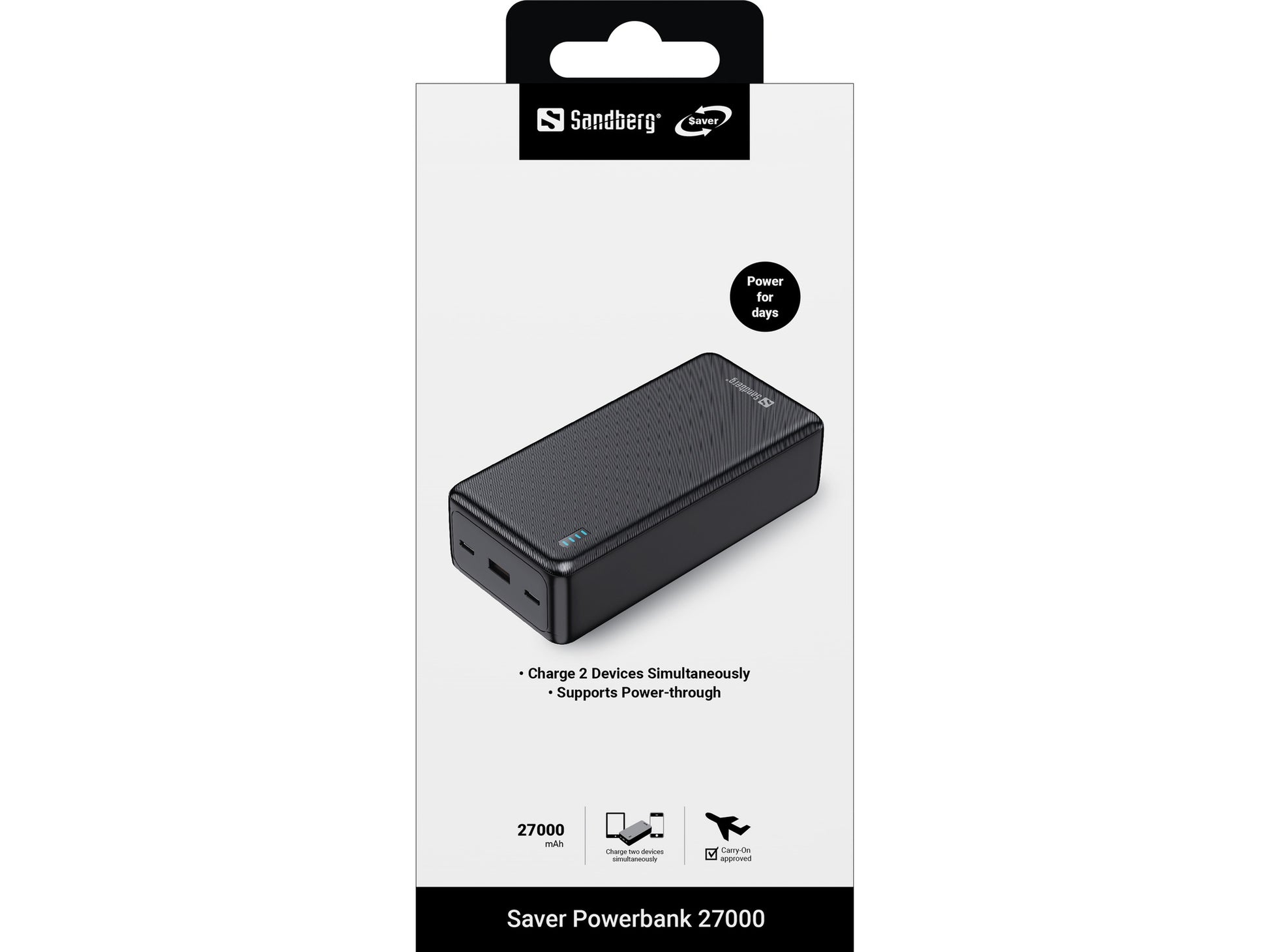 Sandberg Saver Powerbank 27'000 mAh – 22,5 W PD, 2× USB-C, 1× USB-A, schwarz
