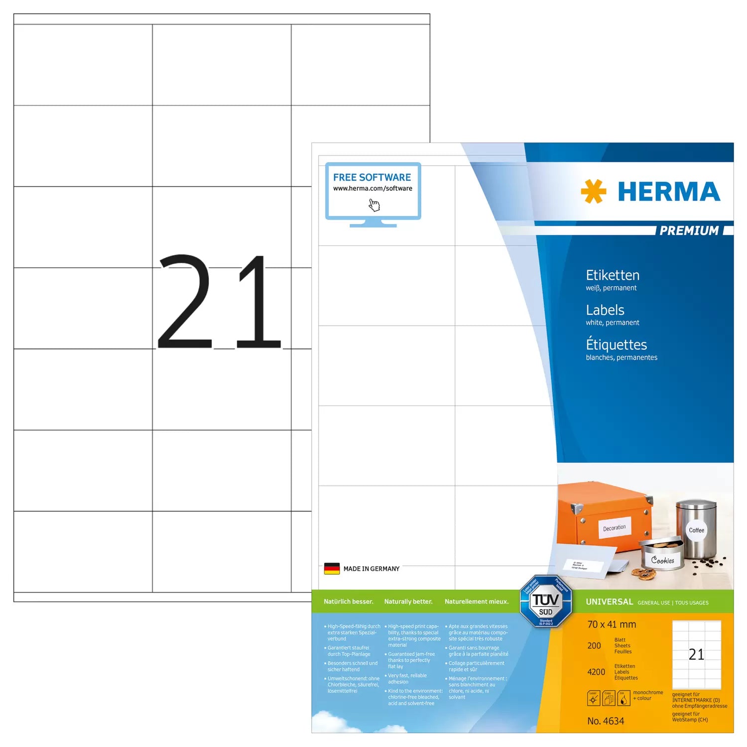 HERMA Drucketiketten, 70 mm × 41 mm, weiss, Papier, permanent, 200 Blatt
