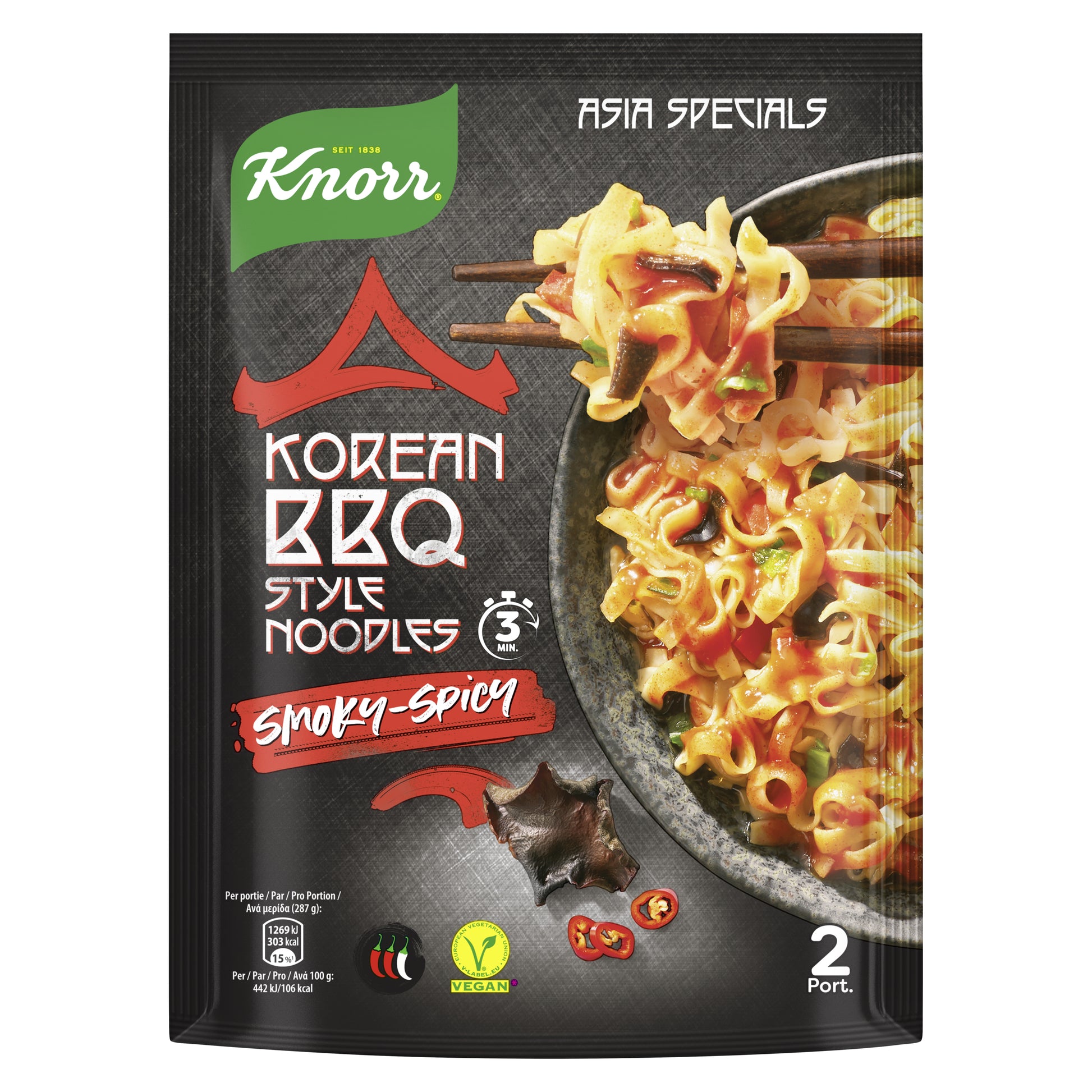 Knorr Asia Specials Instantnudeln Korean BBQ & scharf, vegan, Beutel – 135 g
