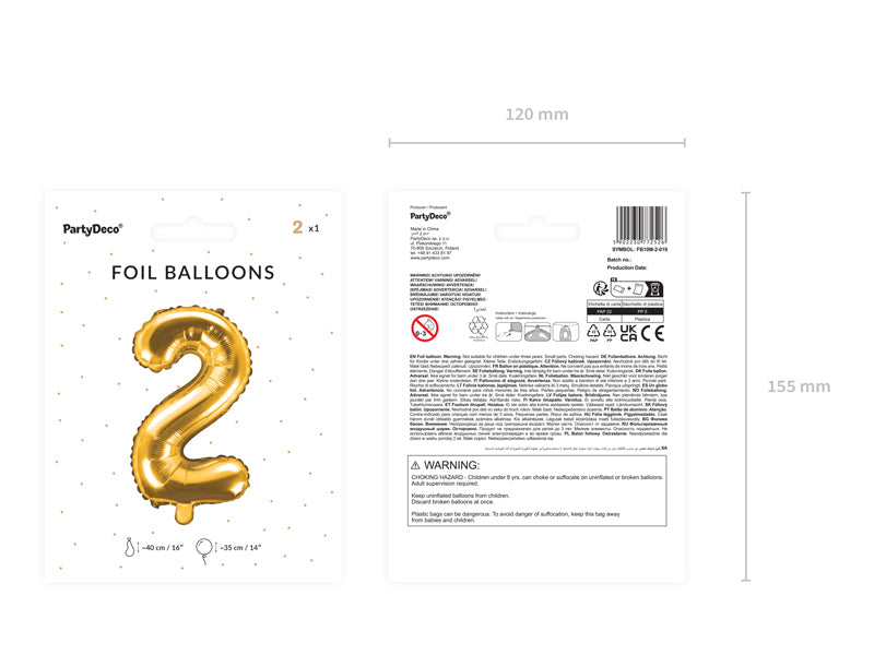 PartyDeco Folienballon Zahl 2 – Gold – 35 cm – Folie – 1 Stk
