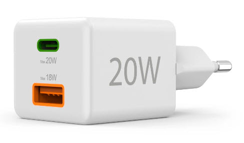 Hama 00201991 USB-Ladegerät 20 W – USB-C×1, USB-A×1 – PD, QC 3.0 – für Kopfhörer, Powerbank u. a. – Weiss