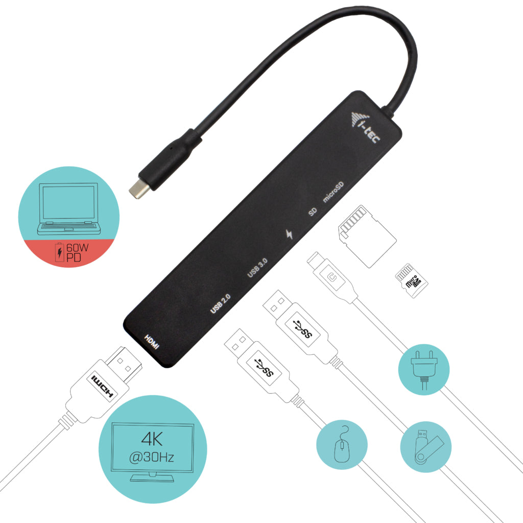 i-tec Travel Easy Multiport-Adapter – USB-C, HDMI, 2× USB-A, 1× USB-C, 60 W PD, SD/microSD, für Windows/Mac