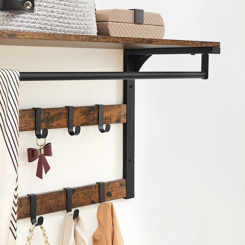 Vasagle Wandgarderobe – 10 Haken, mit Ablage, Stahl/Spanplatte, Braun/Schwarz, 65 × 30 × 42 cm