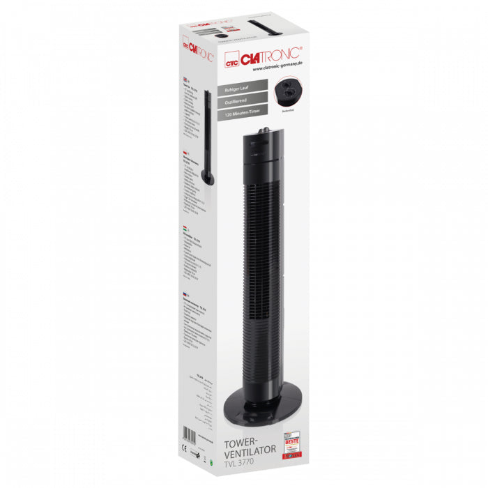 Clatronic Turmventilator TVL 3770 – 35 W, 3 Stufen, oszillierend, Timer 2 h, Schwarz