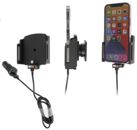 Brodit Auto-Halterung, 360°, mit 2× USB (QC 3.0, 2,4 A), Zigarettenanzünder – für iPhone 12–13 – Schwarz