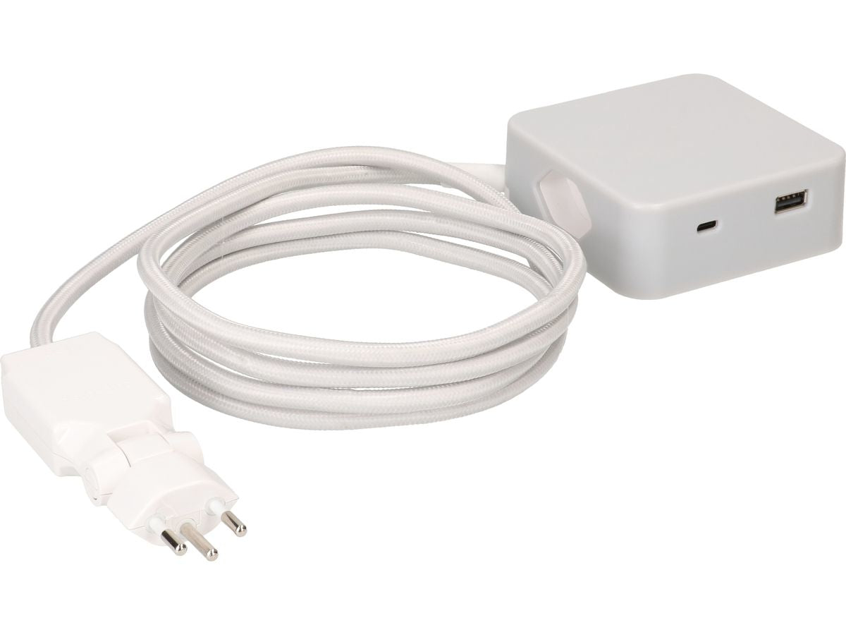 maxTEX Cube Steckdosenleiste – 3× T13, USB‑A/C, 2 m, ohne Schalter, grau/weiss