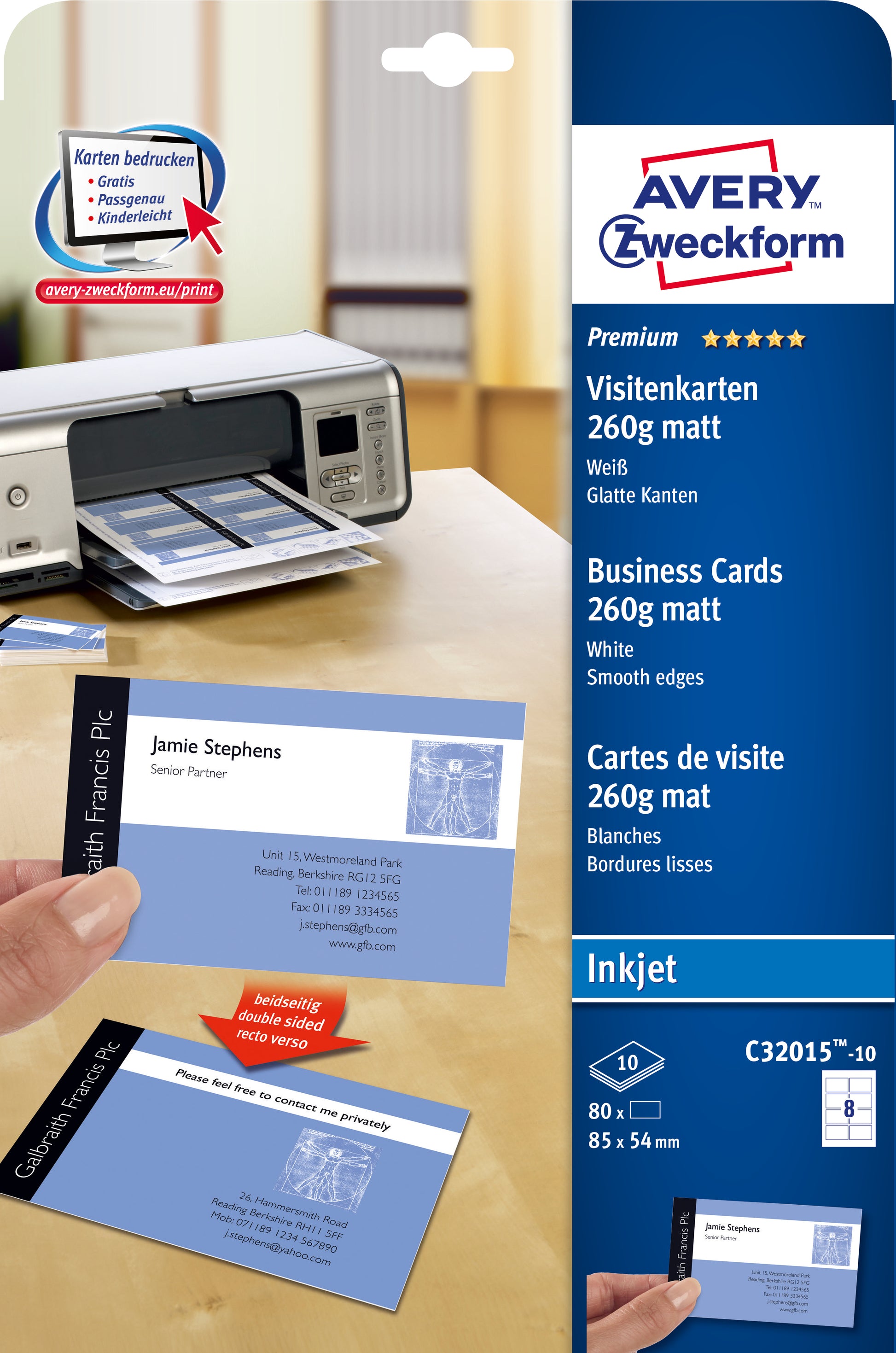 Avery Zweckform Visitenkarten, 85 × 54 mm – A4, 8 pro Blatt – 80 Karten – FSC-zertifiziert, beidseitig bedruckbar