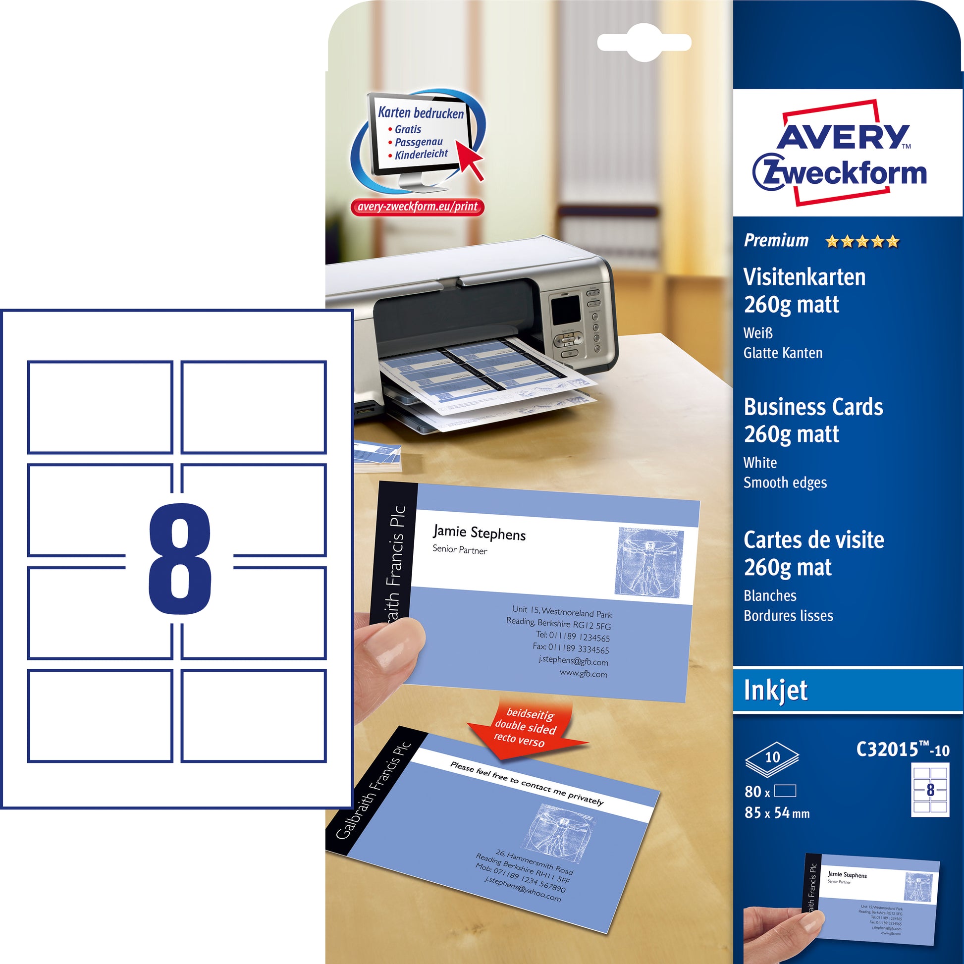 Avery Zweckform Visitenkarten, 85 × 54 mm – A4, 8 pro Blatt – 80 Karten – FSC-zertifiziert, beidseitig bedruckbar