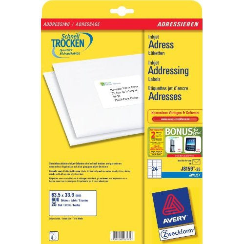 Avery Druckeretiketten, 64 mm × 34 mm, weiss, Papier, permanent, 25 Blatt (600 Etiketten)
