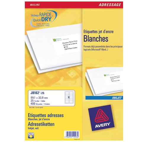 Avery Adress-Etiketten, 99 mm × 34 mm, weiss, Papier, permanent, 25 Blätter (400 Etiketten)