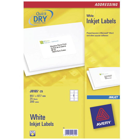 Avery J8165-25 – Etiketten A4 99 × 68 mm – weiss – Inkjet – 8 pro Blatt, 25 Blätter