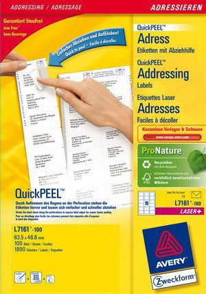 AVERY Zweckform L7161-100 – Etiketten A4 64 × 47 mm – Papier, weiss – 18 pro Blatt, 100 Blätter (1.800 Stk.)
