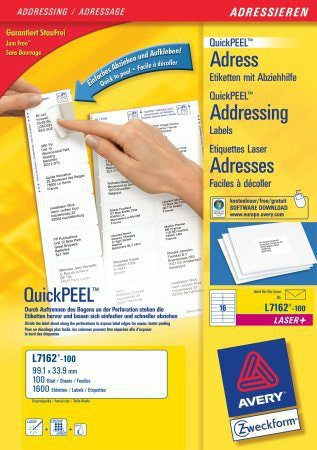 Avery L7162-100 – Etiketten A4 99 × 34 mm – Papier, weiss – Laser – 16 pro Blatt, 100 Blätter (1'600 Stk.)