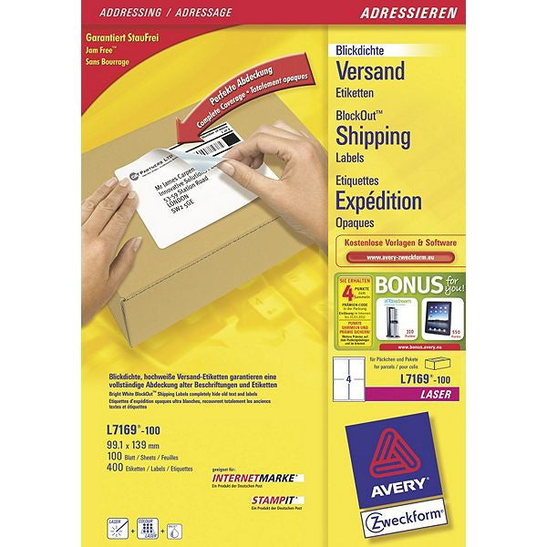 Avery L7169-100 – Etiketten A4 139 × 99 mm – Papier, weiss – Laser/Inkjet – 4 pro Blatt, 100 Blätter (400 Stk.)