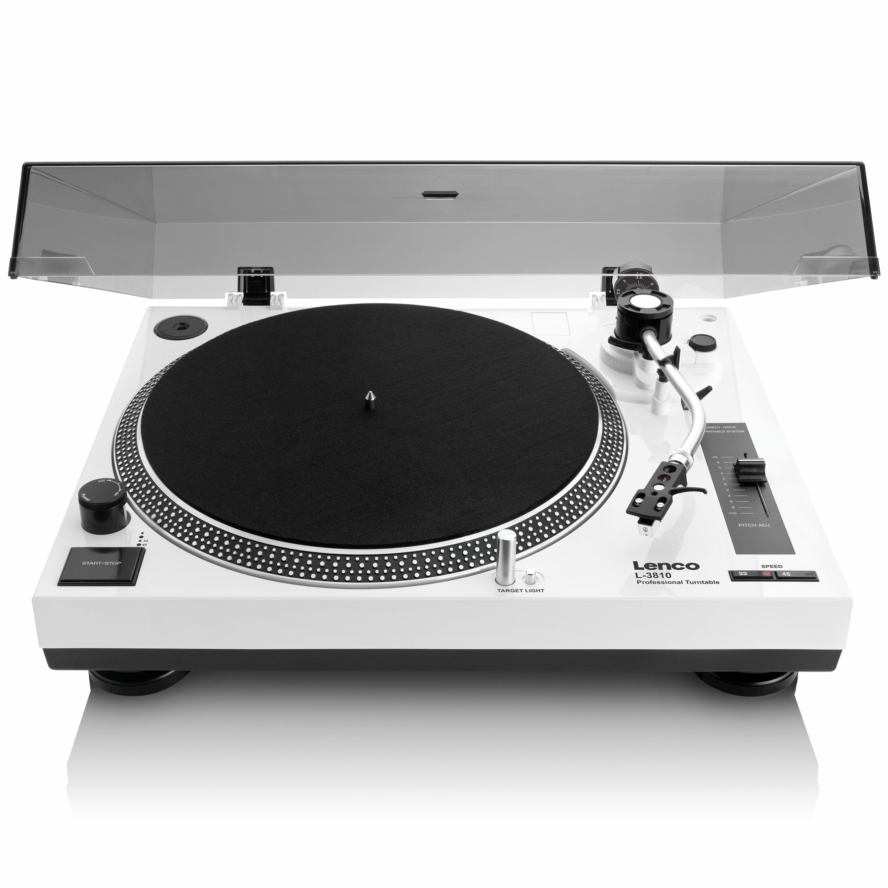 Lenco L-3810 – Plattenspieler (Direktantrieb, manuell), Phono-Vorverstärker, 33⅓/45 U/min – Weiss