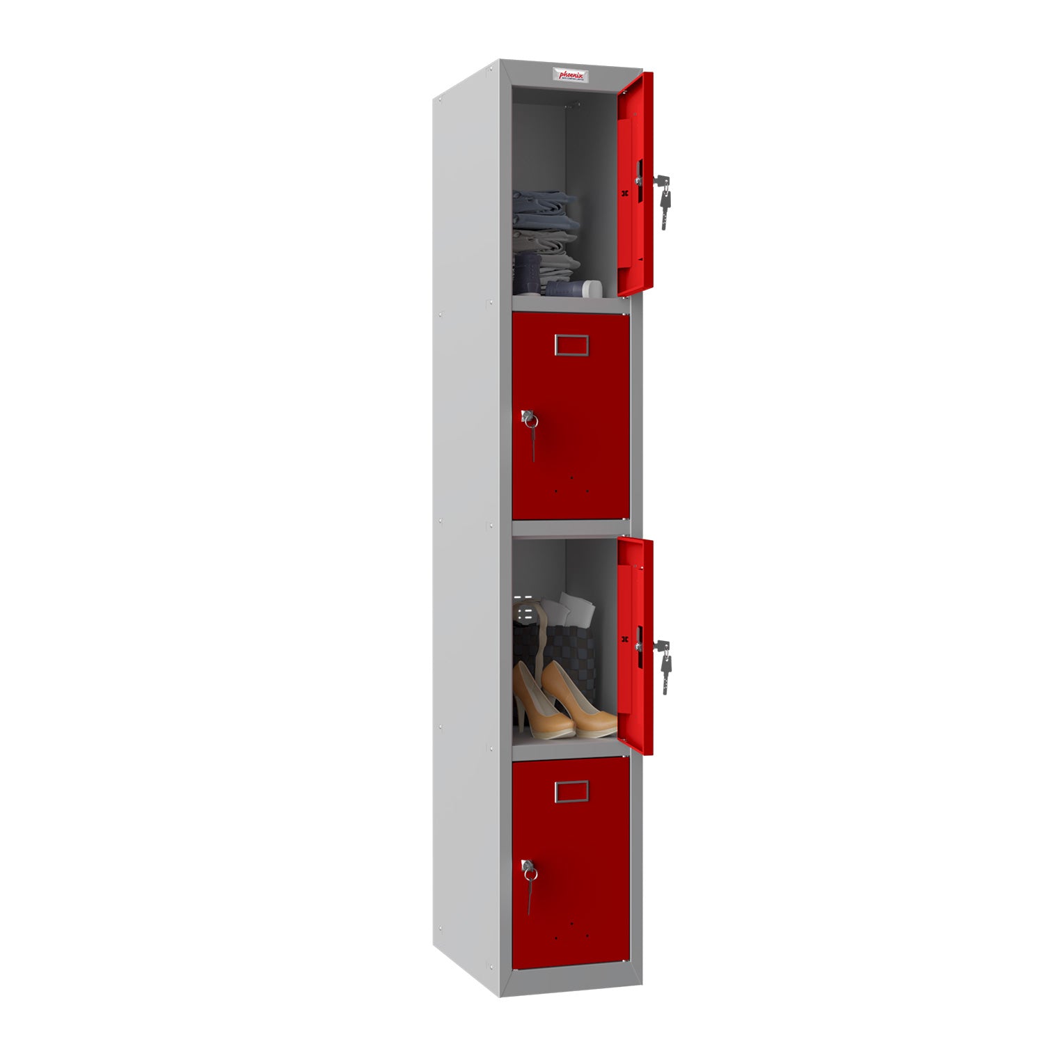 Phoenix Safe Co. PL1430 – Spind, 4 Türen, abschliessbar, 300 × 500 × 1'830 mm, Grau/Rot, Stahl