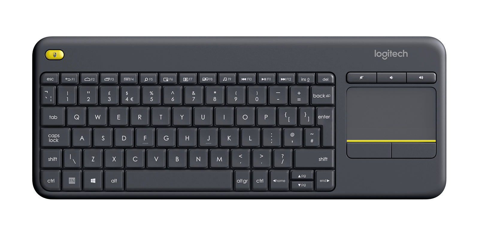 Logitech K400 Plus – Mini Tastatur – 2,4 GHz (Unifying, USB‑A) – QWERTY (Nordisch) – Touchpad, ohne Ziffernblock