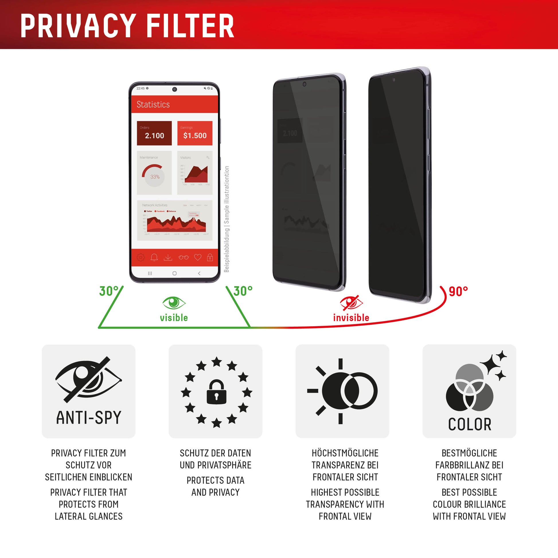 Displex Privacy-Filter (Panzerglas) – für iPhone 17 Pro – mit Applikator