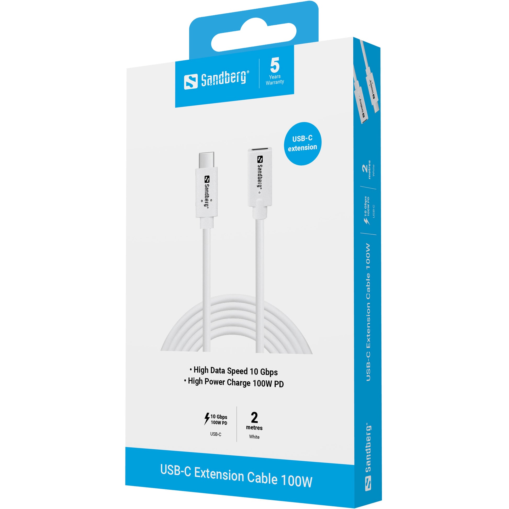 Sandberg USB-C Verlängerungskabel (Stecker auf Buchse) – USB 3.2 Gen 2 (10 Gbit/s) – 2 m – PD 100 W – Weiss